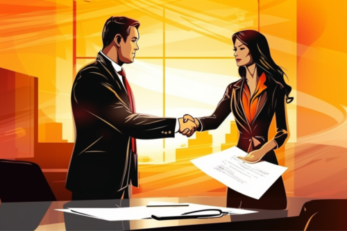 Zawarcie umowy w biznesie i prawnicy podający sobie ręce po zakończeniu negocjacji.